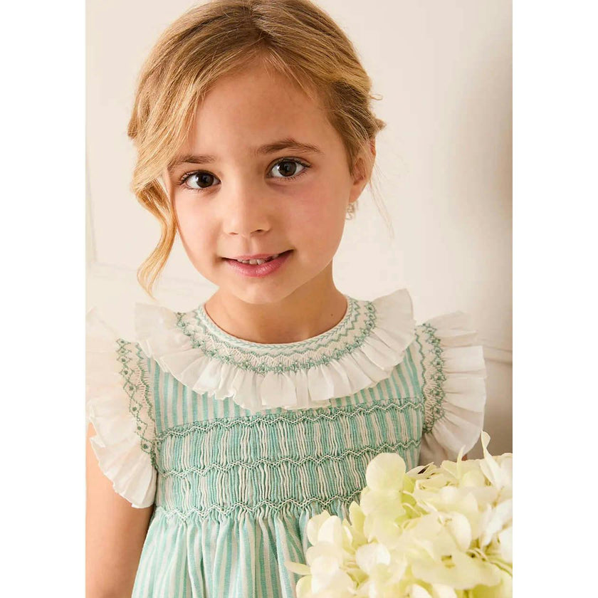 Wimbledon Stripe Hand Smocked Frill Collar Cap Sleeve Dress in Green (12mths- 10yrs)