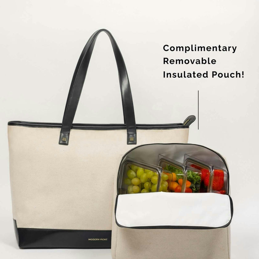 Vegan Leather Work Tote Bag with Removable Insulated Pouch, Black Canvas