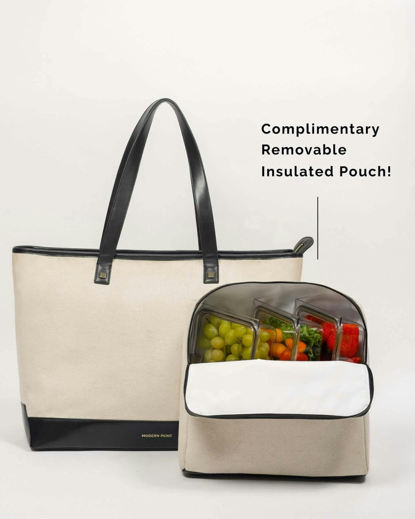 Vegan Leather Work Tote Bag with Removable Insulated Pouch, Black Canvas