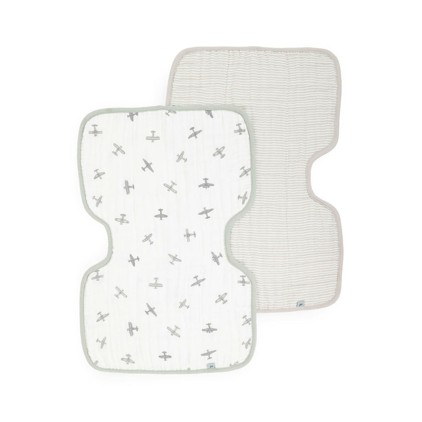 Organic Cotton Muslin Burp Cloth 2 Pack - Pewter Planes + Sand Stripe