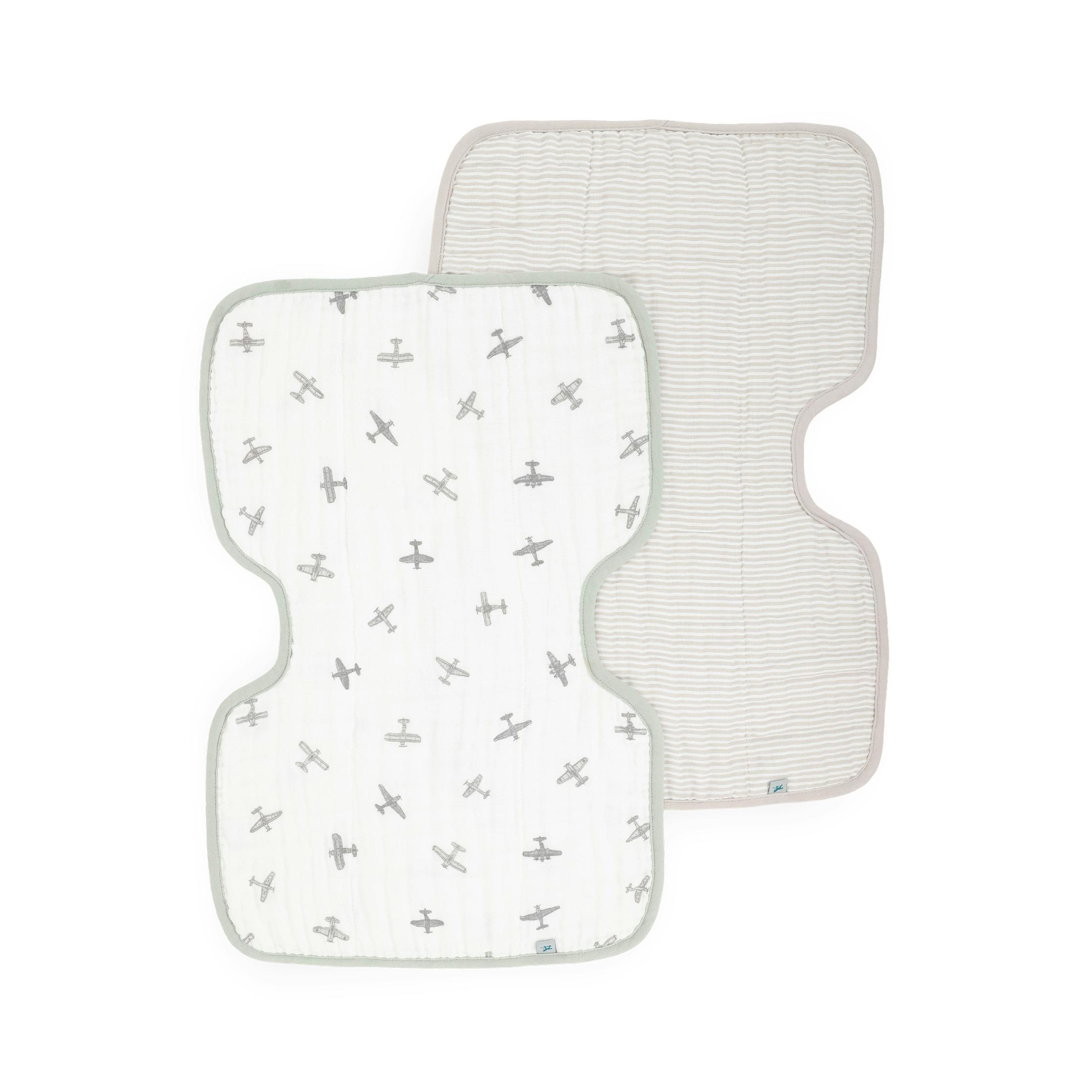 Organic Cotton Muslin Burp Cloth 2 Pack - Pewter Planes + Sand Stripe