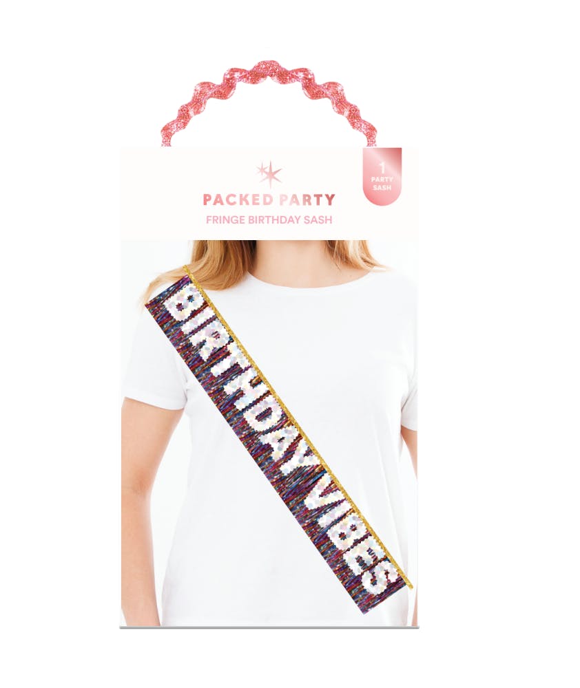 Packed Party Birthday Vibes Tinsel and Glitter Party Sash – 60 Inch Multicolor Tinsel Fringe with Iridescent Glitter Letters and Gold Binding Ties, One Size