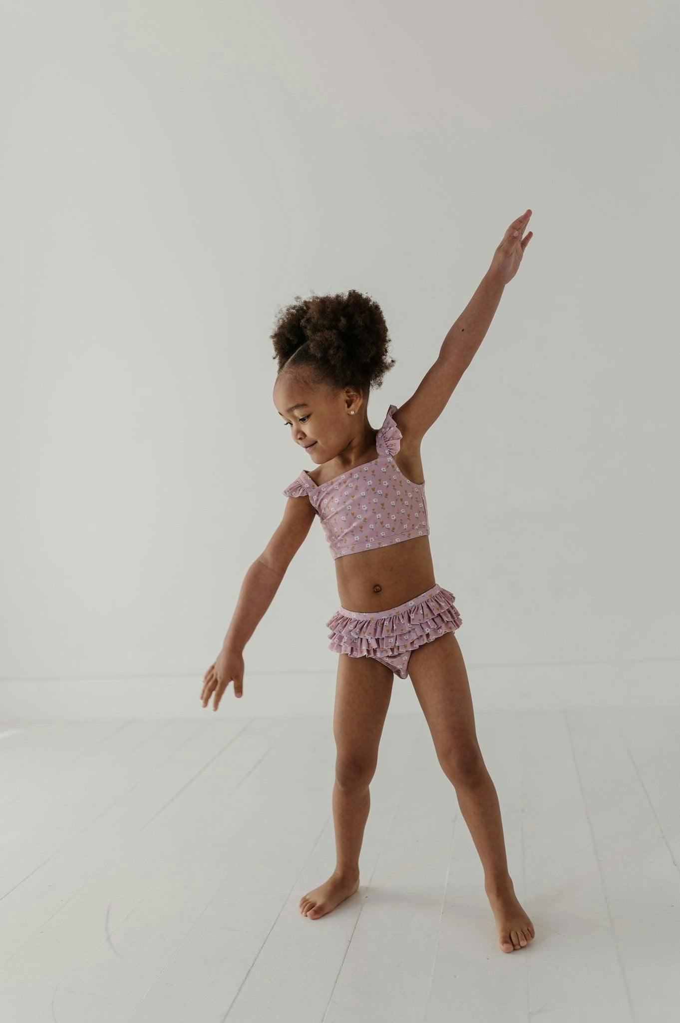 Girls Two-Piece Swimsuit in Aqua Grey Floral