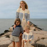 Women's Cream And Blue Stripe Knit Cardigan
