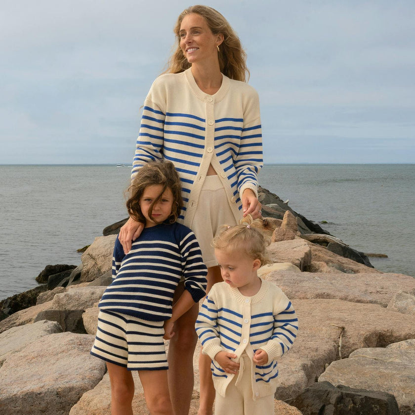 Women's Cream And Blue Stripe Knit Cardigan