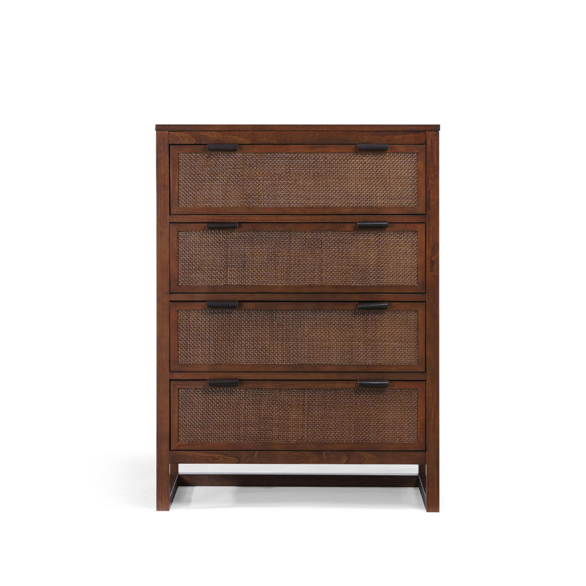 Hatteras Dresser with 4 Rattan Inlay Drawers, Faux Leather Pulls & Deep Storage