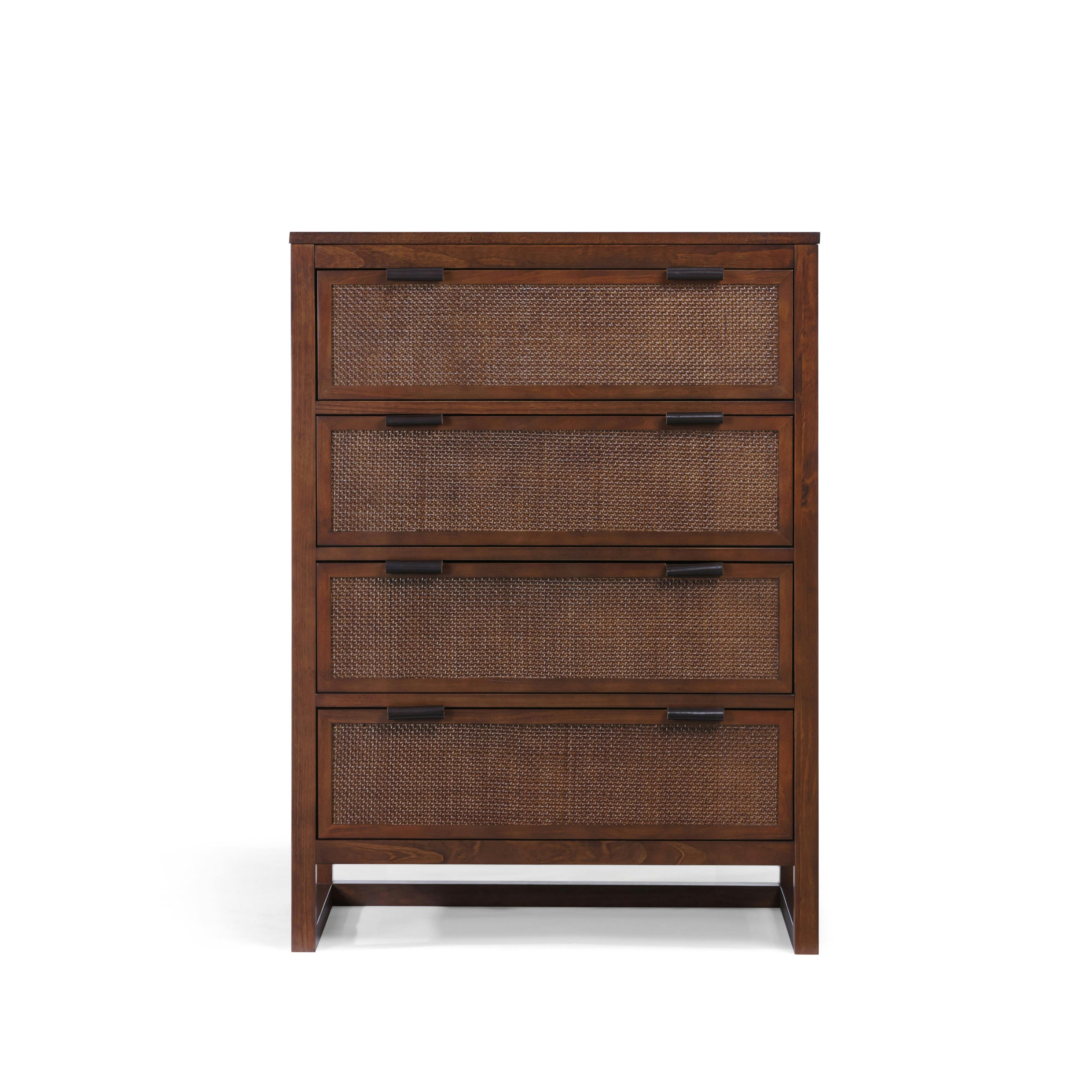 Hatteras Dresser with 4 Rattan Inlay Drawers, Faux Leather Pulls & Deep Storage