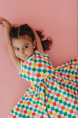 Sleeveless Twirl Dress in Party Checkers