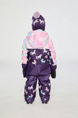 Kids One Piece Play Snowsuit Purple Unicorn Print