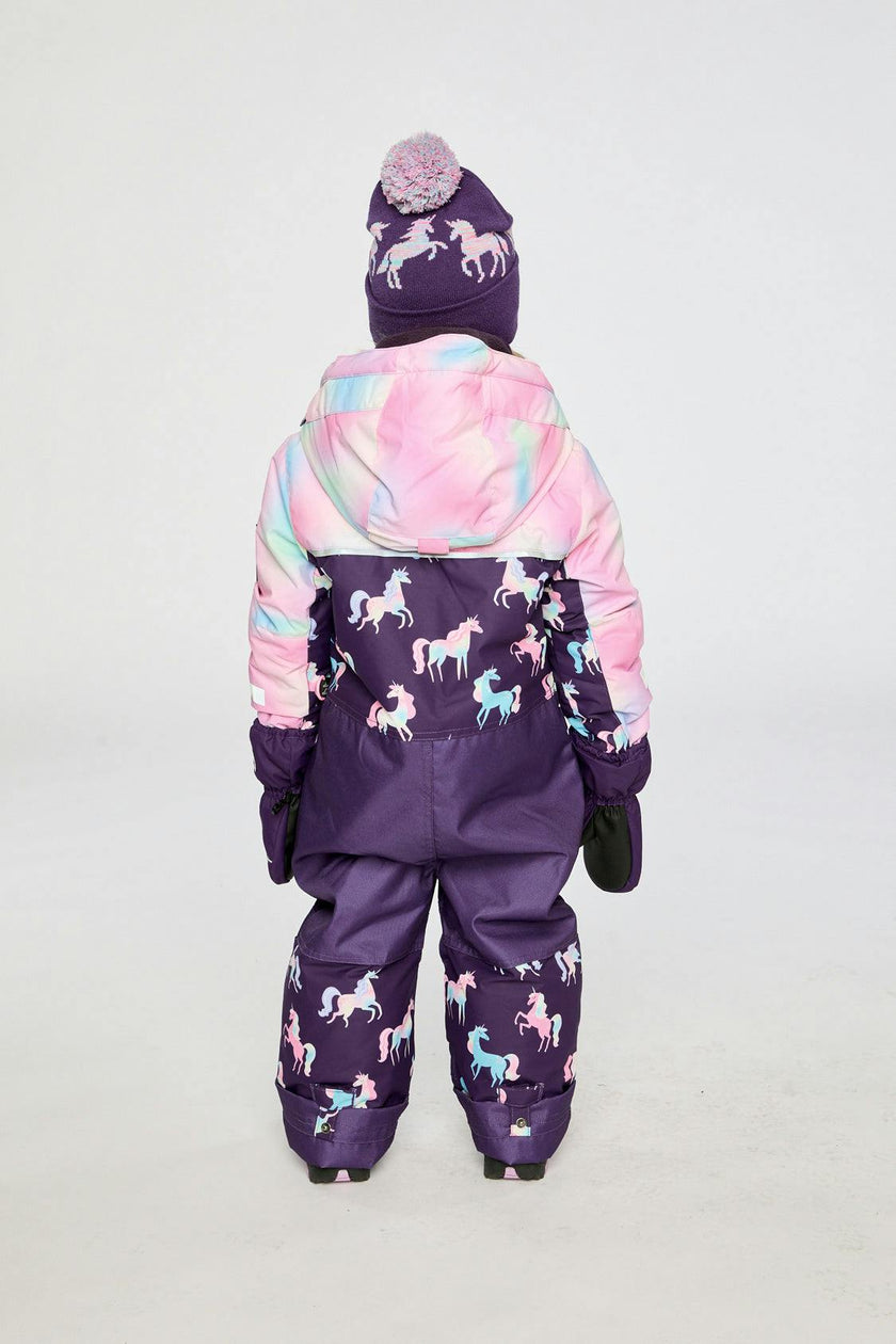 Kids One Piece Play Snowsuit Purple Unicorn Print