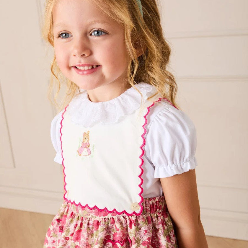 Margret Floral Bunny Embroidered Scallop Detail Pinafore Skirt in Pink (18mths-6yrs)