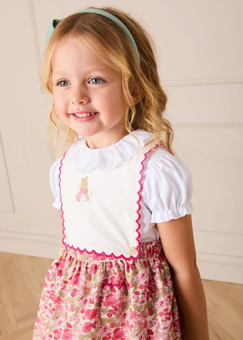 Margret Floral Bunny Embroidered Scallop Detail Pinafore Skirt in Pink (18mths-6yrs)