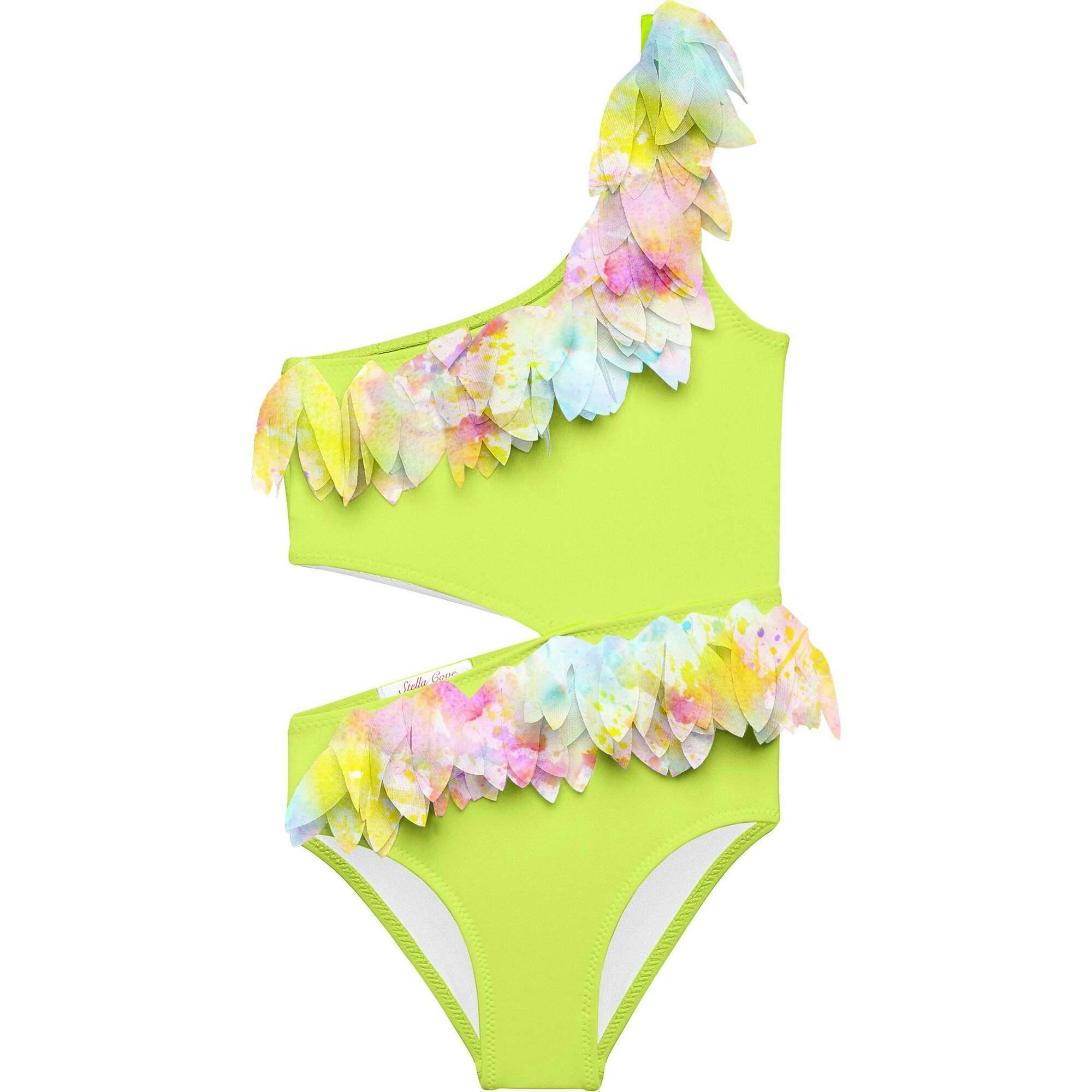 Citrus Petal Trim Side-Cut One Shoulder Sleeveless Swimsuit