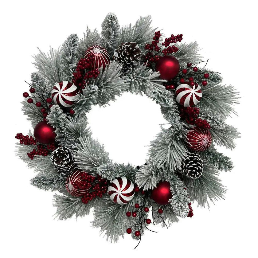26" Flocked Pinecone, Berry & Ornament Wreath Pre-Lit