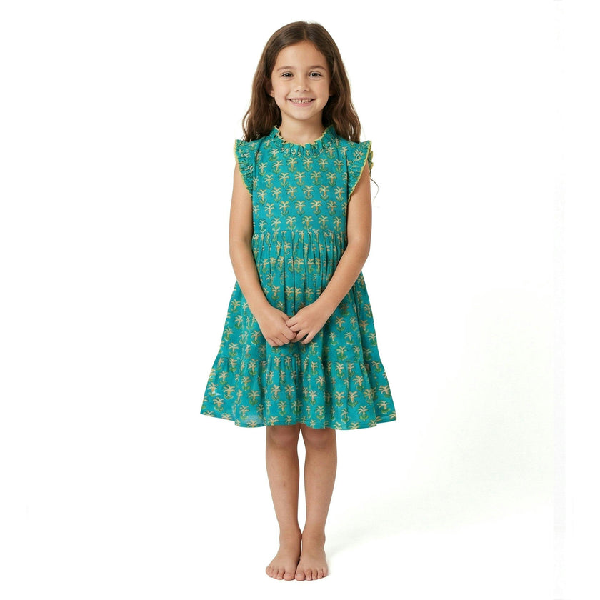 Ondine Ruffle Dress Green Palm, Pink