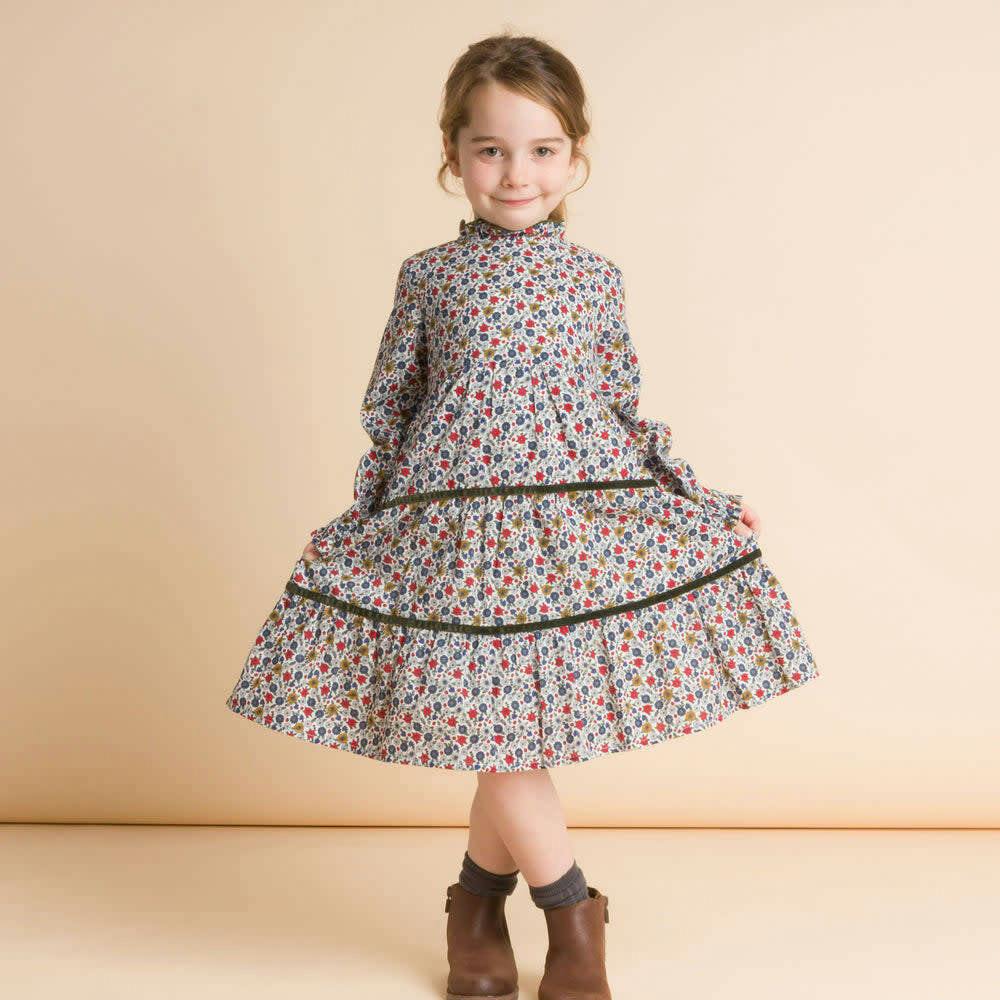 Long Sleeves Tiered Skirt Dress with Velvet Trim