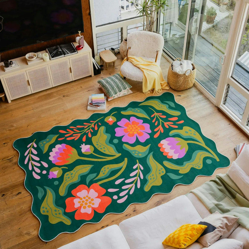 Green Base Pink Floral Wavy Rug by Jessica Miller