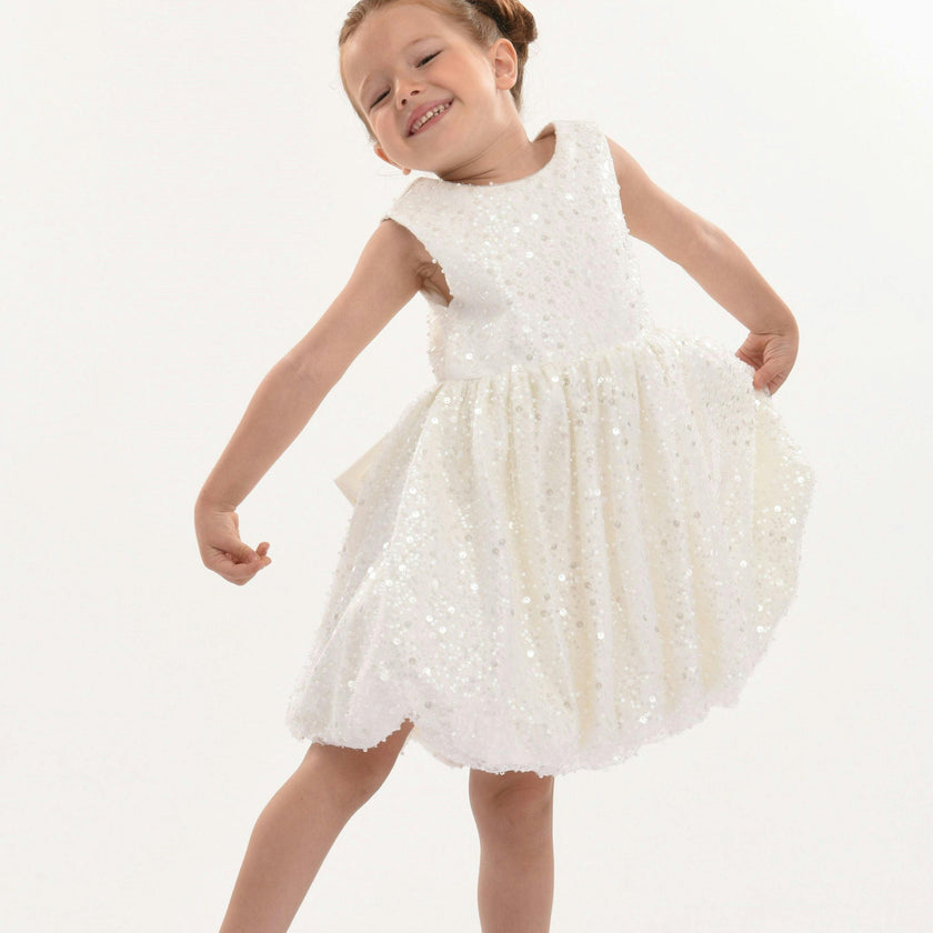 Pearl White Ainsley Sequin Bow Dress