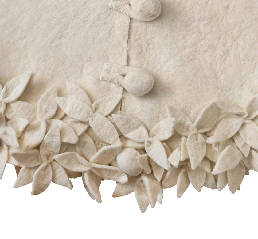Handmade Felted Wool Overlapping Flowers Border Cream Christmas Tree Skirt 26"/48"/64"/72"