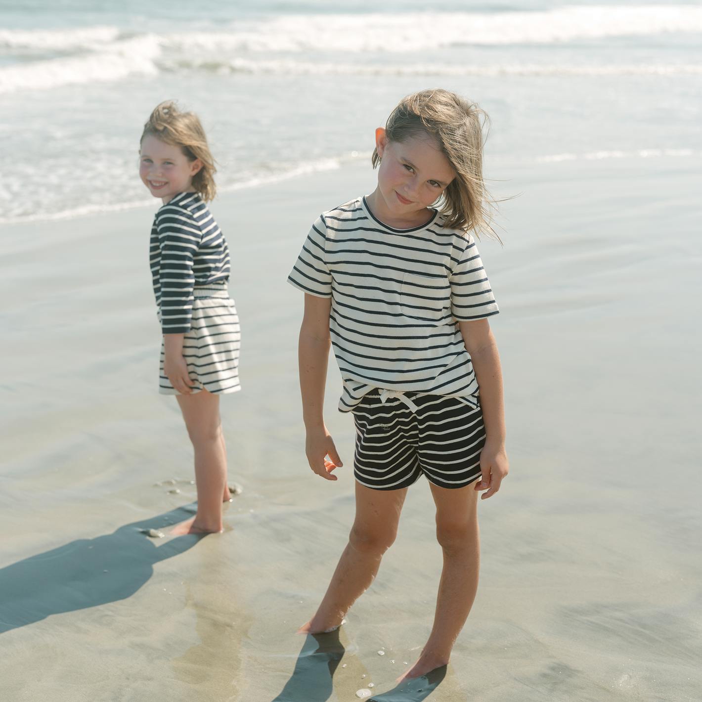 unisex cream and navy stripe boatneck tee