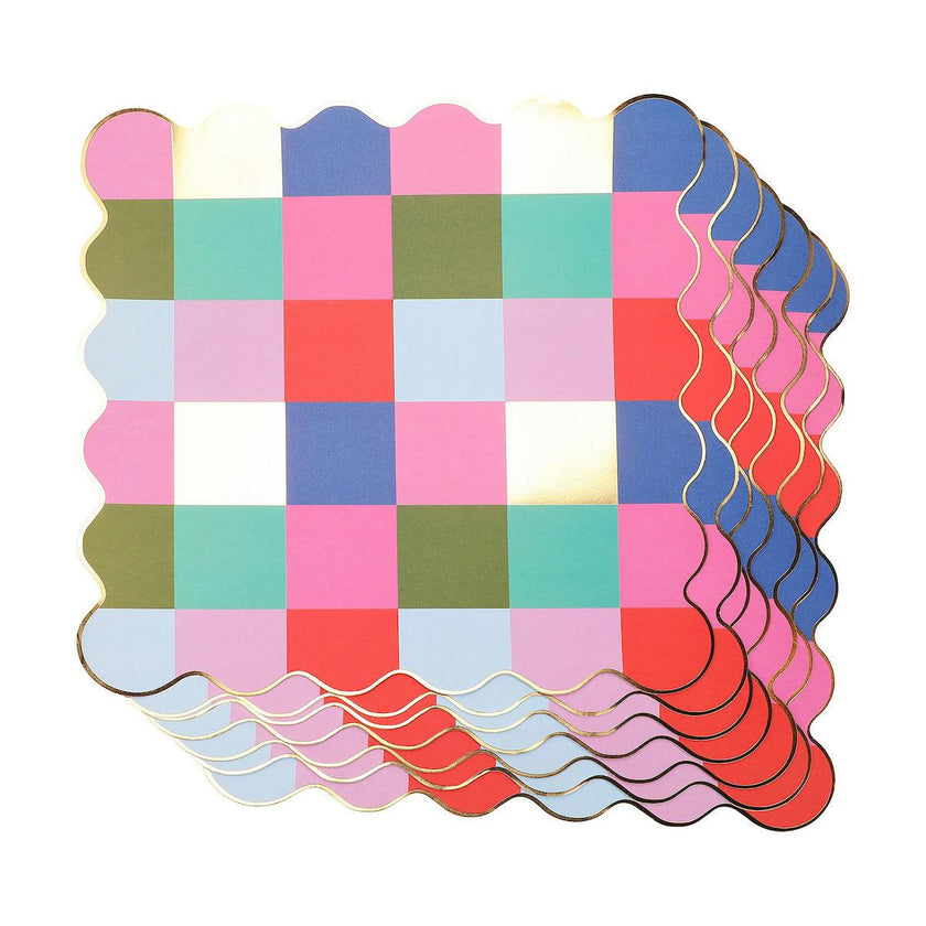 Packed Party Multicolor Checkered Square Paper Placemats 10ct | Gold Foil Festive Rainbow Design | 15 Inch Placemats for Birthday Party Tables
