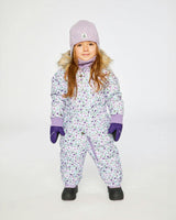 Baby Original One Piece Puffy Snowsuit With Removable Mittens And Boots Purple Printed Mini Flowers