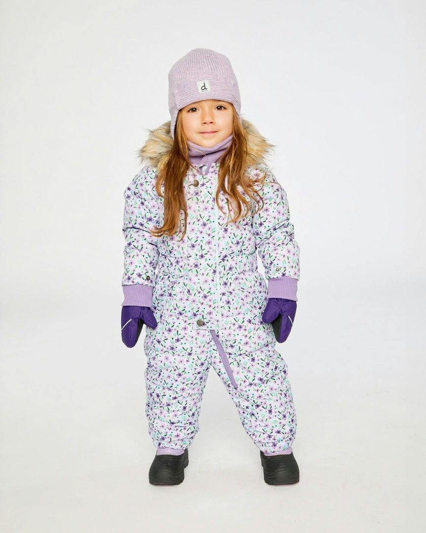 Baby Original One Piece Puffy Snowsuit With Removable Mittens And Boots Purple Printed Mini Flowers