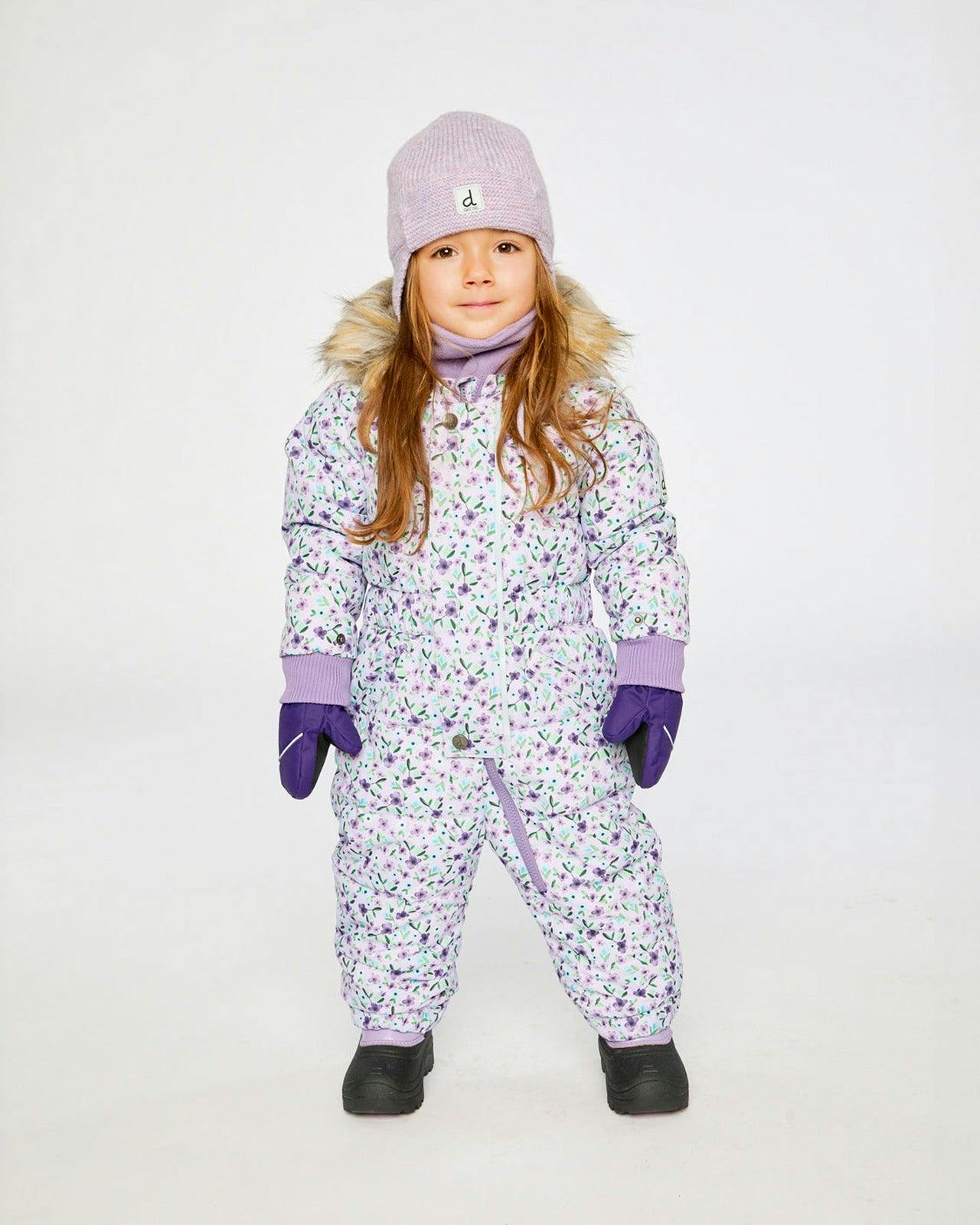 Baby Original One Piece Puffy Snowsuit With Removable Mittens And Boots Purple Printed Mini Flowers