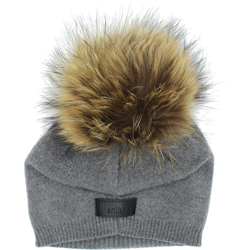 Sewn Knit Wool Hat With Faux Fur Pom, Navy