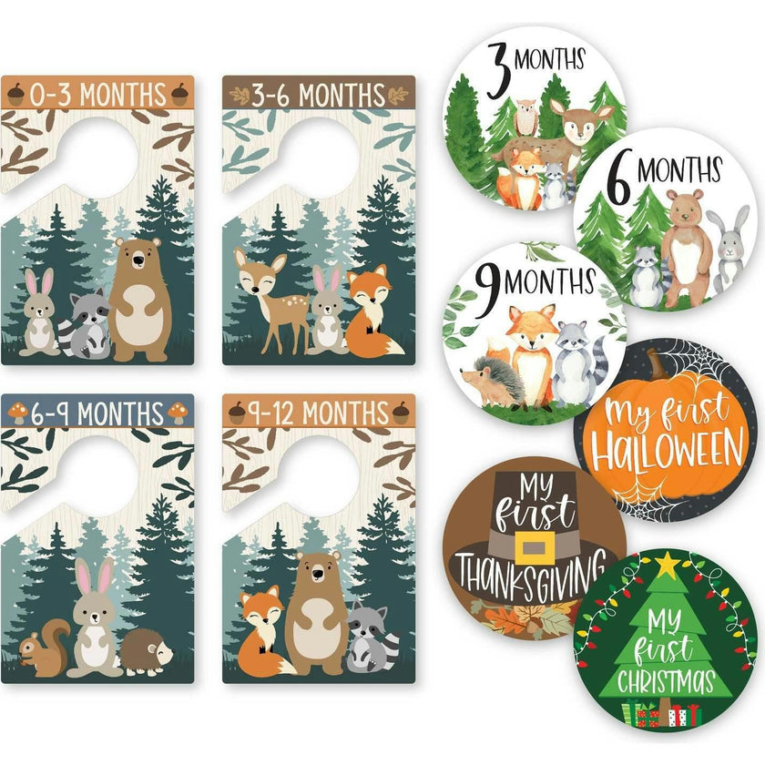 6-Piece Woodland Baby Closet Dividers & 20-Piece Baby Milestone Stickers Baby Shower Gift