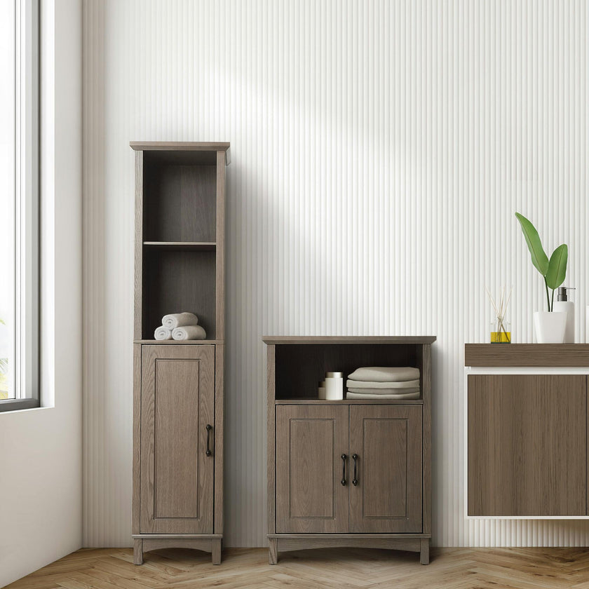 Russell Modern Farmhouse Linen Tower Storage Cabinet with Open Shelves for Bathrooms or Hallways