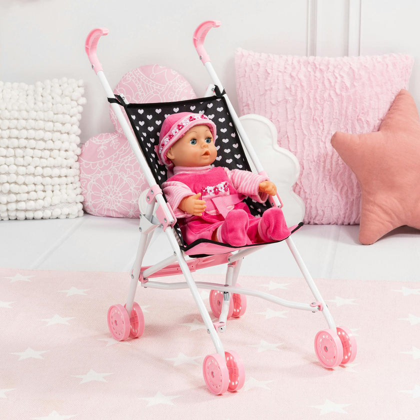 Bayer Design Dolls: Buggy Umbrella Stroller - Hearts Black & Pink