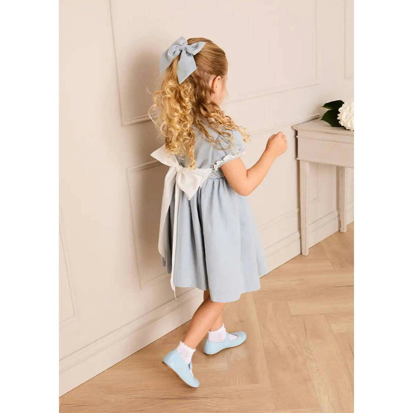 Hand Smocked Peter Pan Collar Short Sleeve Dress in Sky Blue (12mths-10yrs)