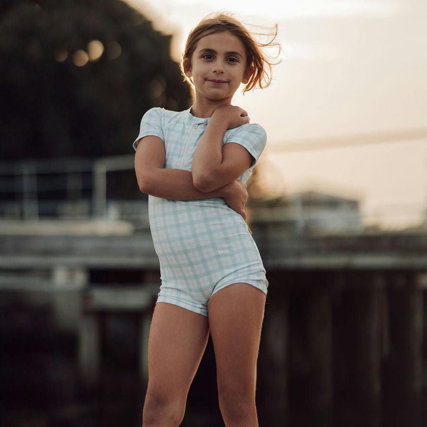 Short Sleeve Rashguard Swimsuit | UPF + Recycled - Fern Plaid