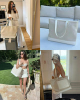 Vegan Leather Work Tote Bag with Removable Insulated Pouch, White Canvas