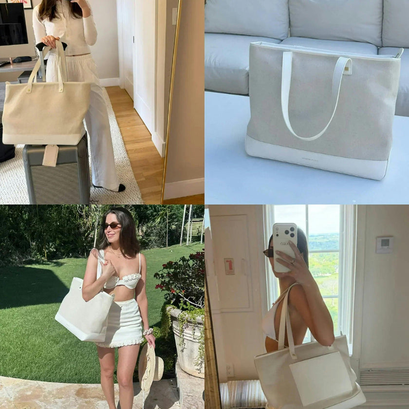 Vegan Leather Work Tote Bag with Removable Insulated Pouch, White Canvas