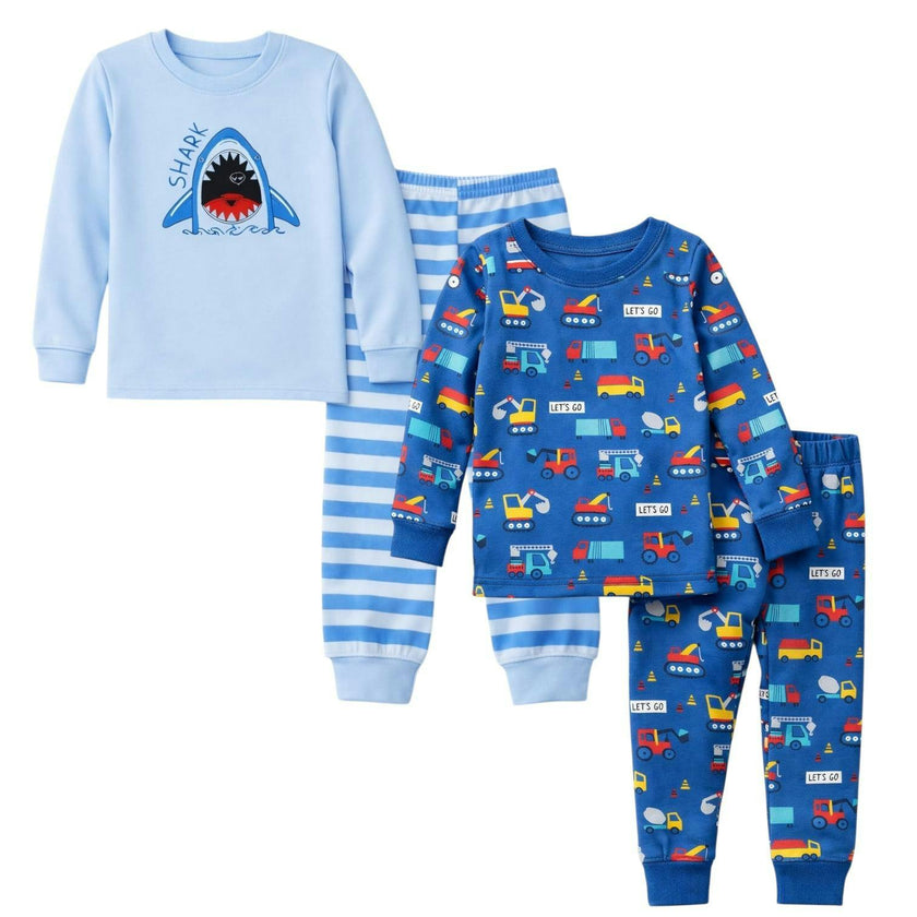 Kids and Toddlers 2 Pack Sharks/Cars Long Sleeve Snug Fitted Pajamas