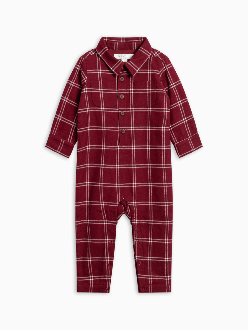 Mishka Flannel Lined Collar Romper - Pomegranate Plaid