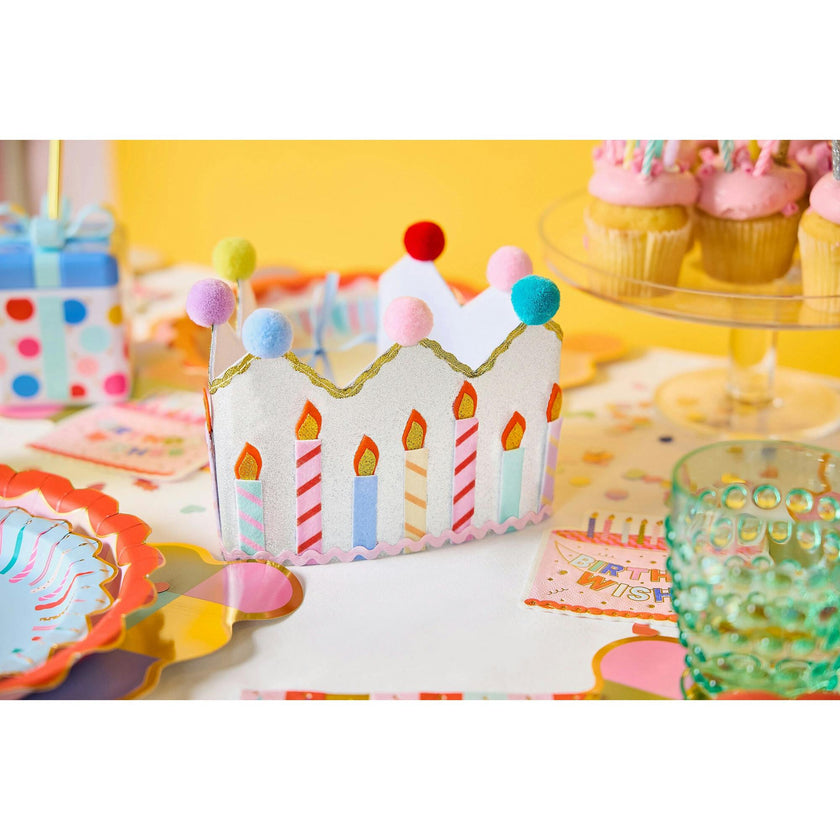 Packed Party Birthday Wishes Reusable Glitter Pom Pom Crown - Metallic Fabric Birthday Candle Crown with Multicolor Poms and Adjustable Satin Ties