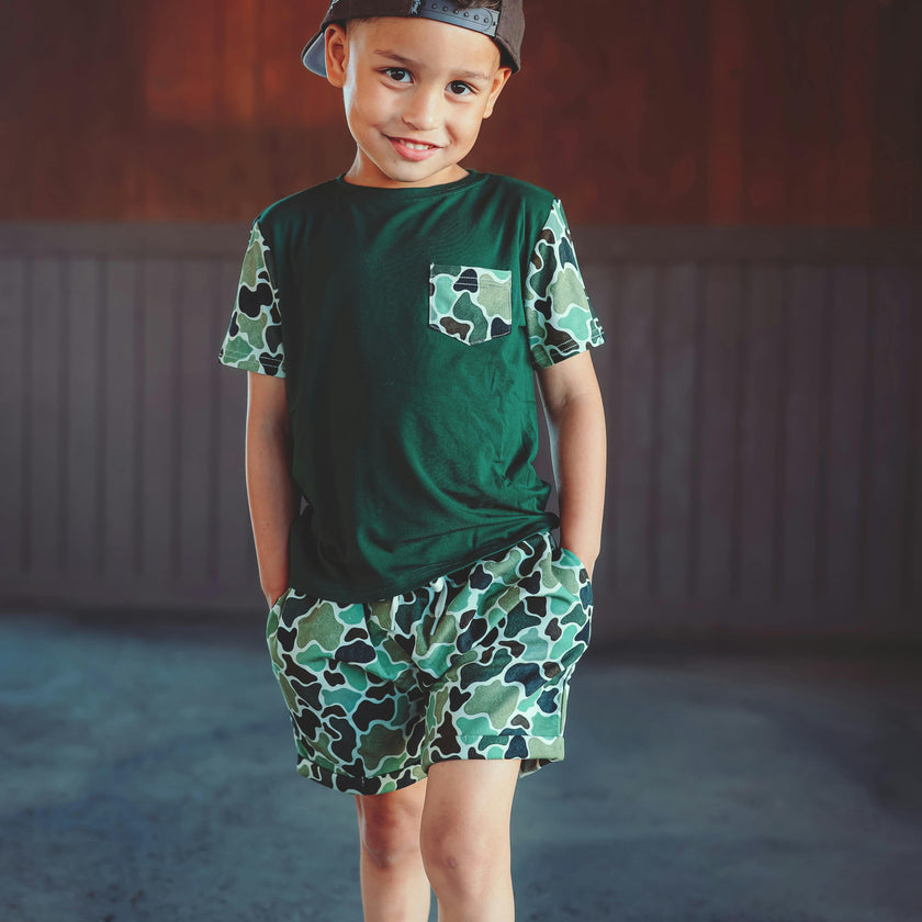 Green Distressed Camo Lounge Pocket Tee & Shorts Set