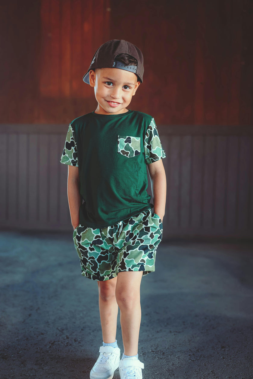 Green Distressed Camo Lounge Pocket Tee & Shorts Set
