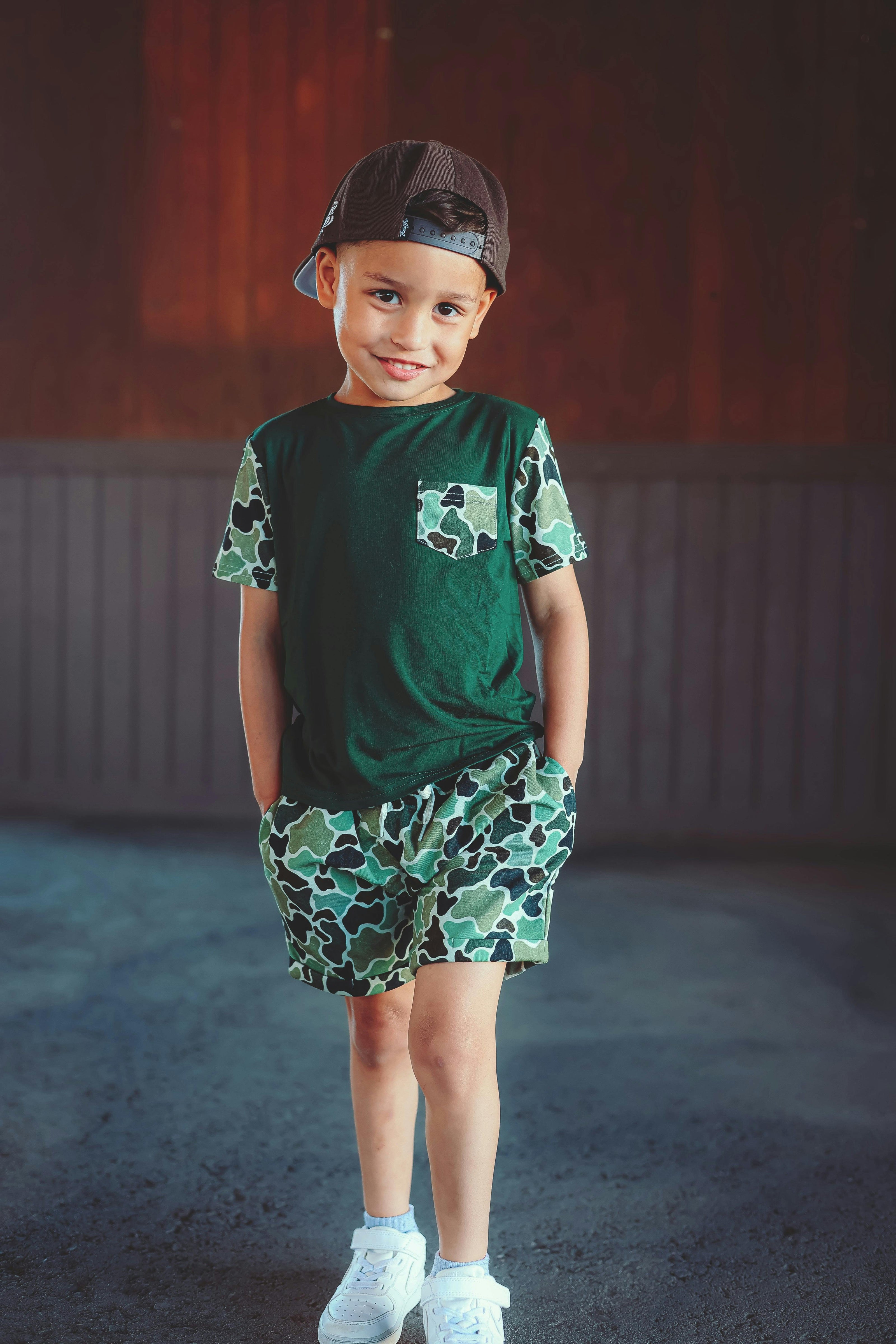 Green Distressed Camo Lounge Pocket Tee & Shorts Set