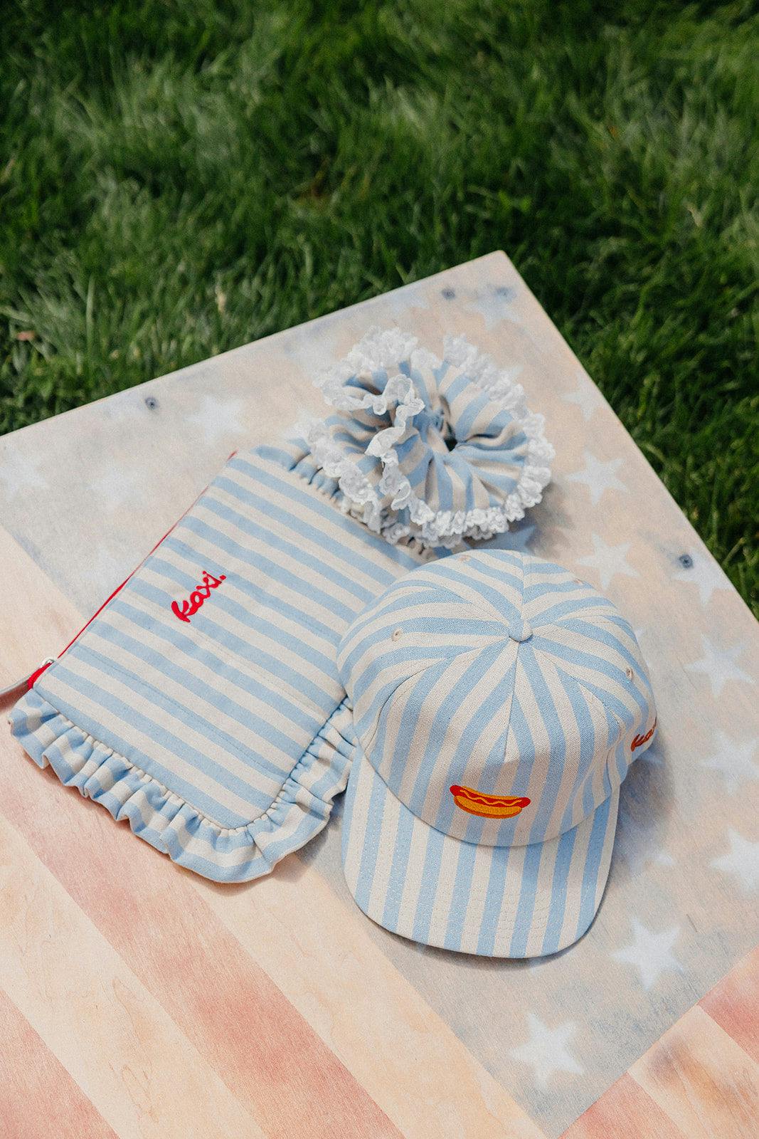 BABY BLUE DENIM STRIPED COSMETIC BAG WITH STAR CHARM