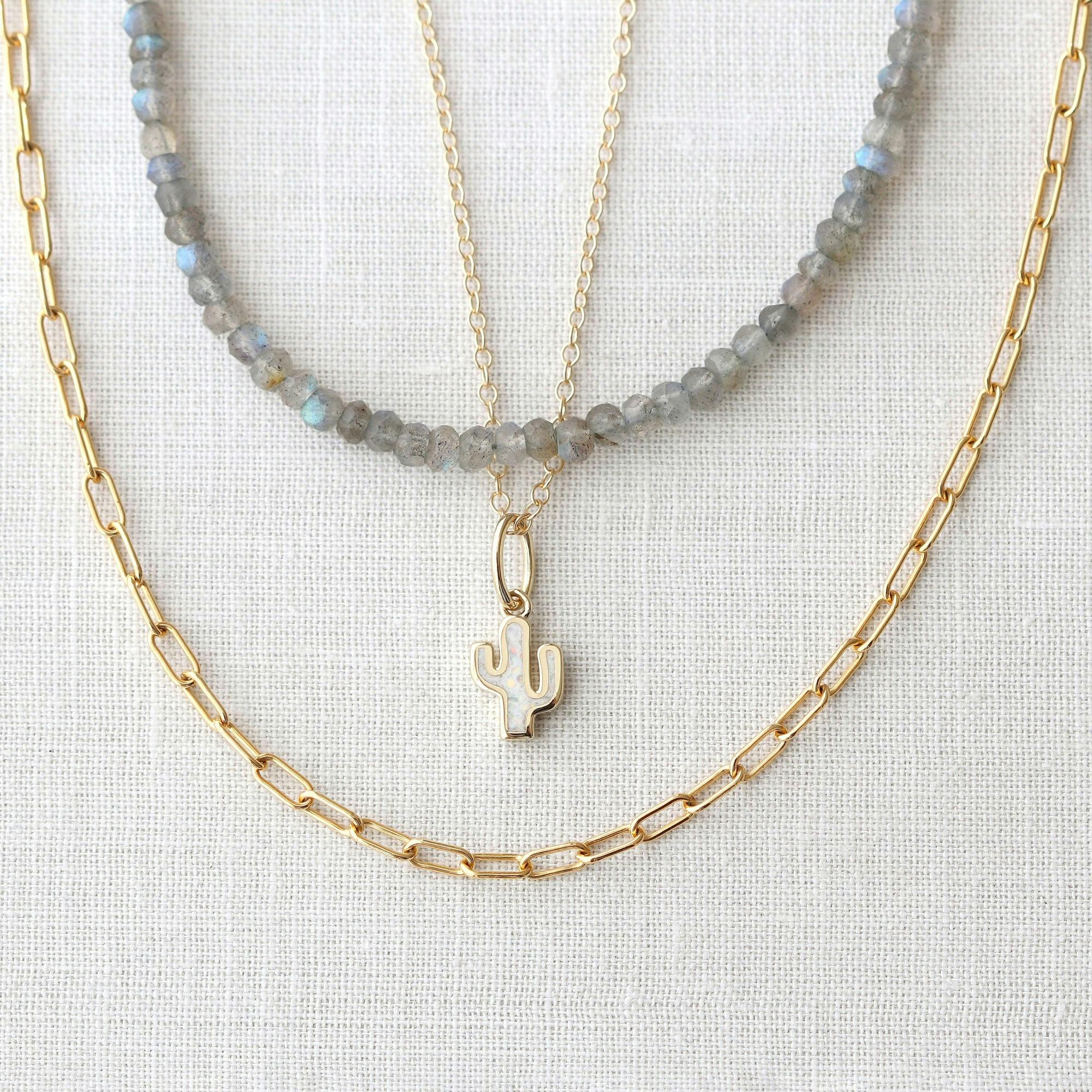 Opal Cactus Charm Necklace