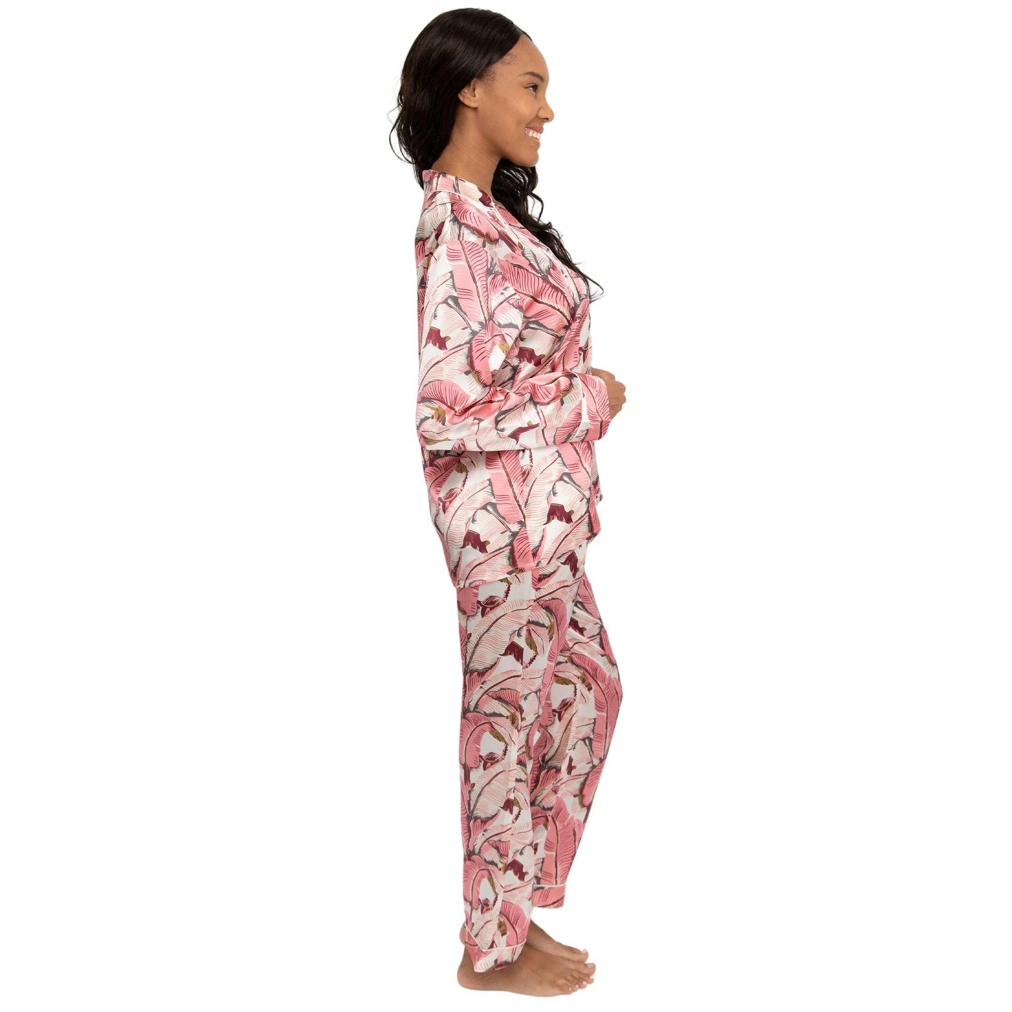 Women's Martinique® Pink Banana Leaf Long PJ Set - SILK