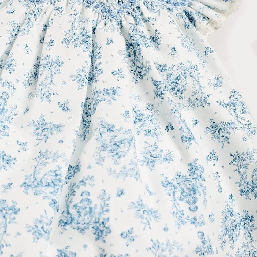 Audrey Toile Capped Sleeve Hand Smocked Dress with Bloomers in Blue (3-12mths)