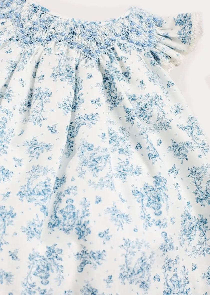 Audrey Toile Capped Sleeve Hand Smocked Dress with Bloomers in Blue (3-12mths)