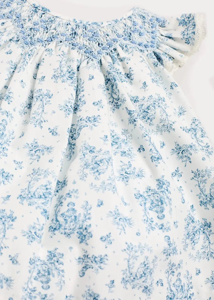 Audrey Toile Capped Sleeve Hand Smocked Dress with Bloomers in Blue (3-12mths)