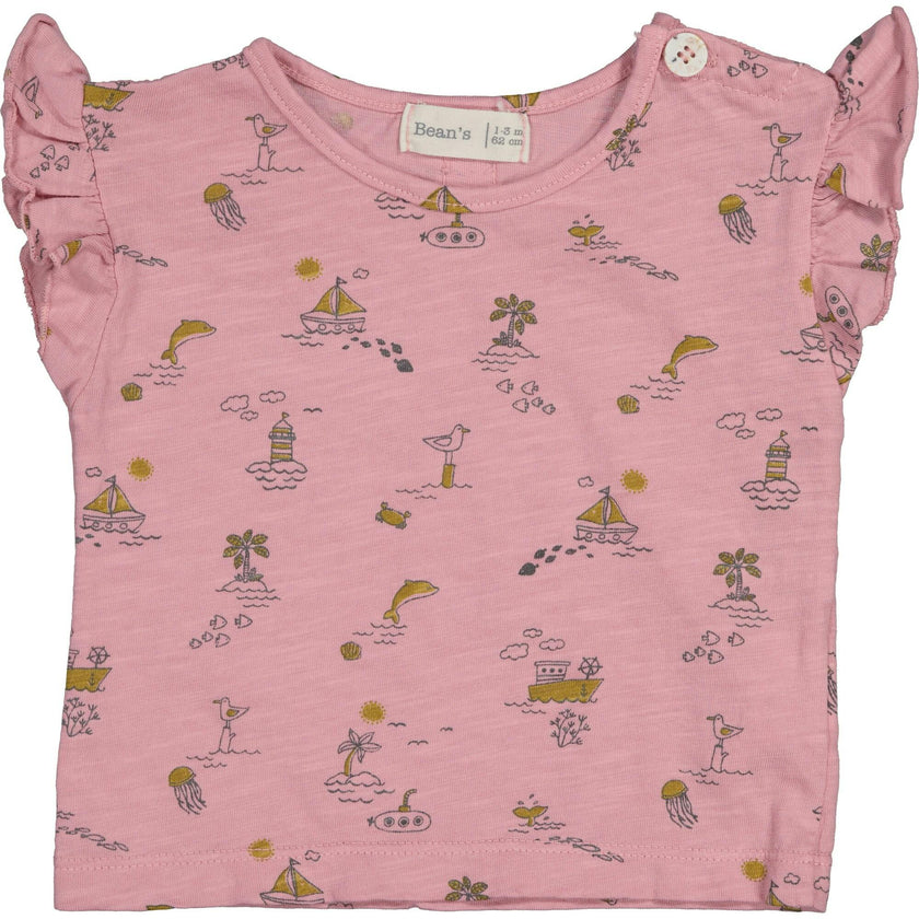 All-Over Sea Theme Print Ruffle Shoulder T-Shirt