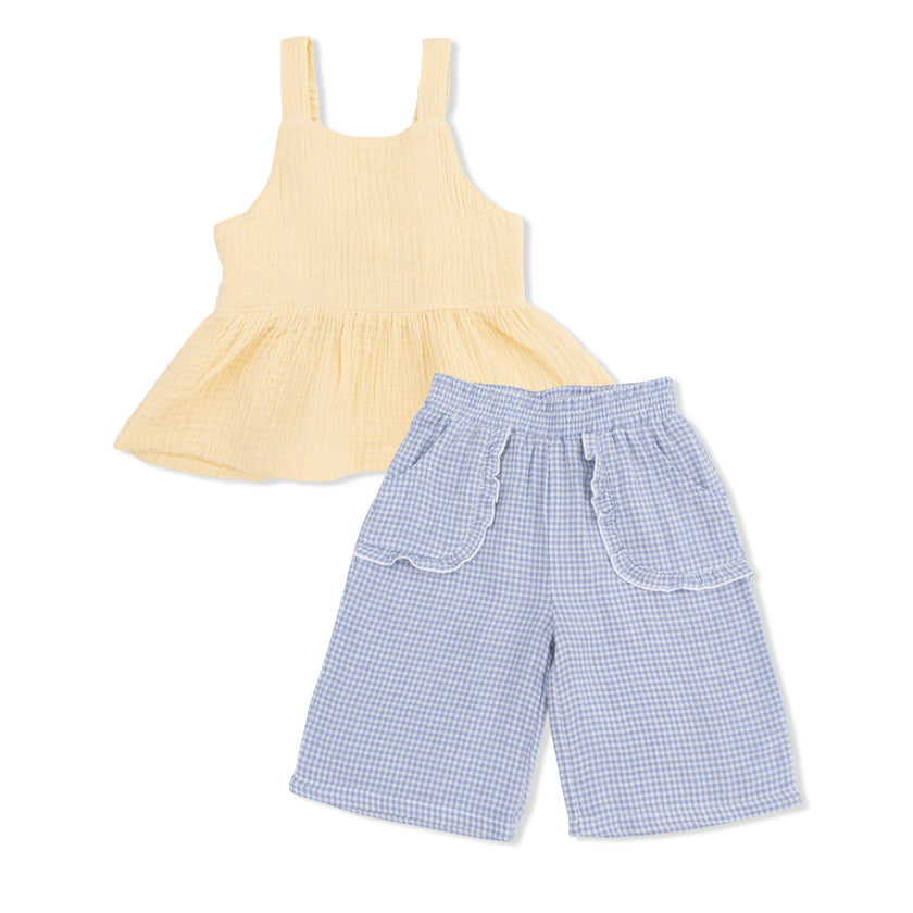 Micro Gingham Blue Blizzard - Peplum Tank with Wide Leg Pant